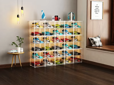Transparent Multi layer Shoe Rack Organizer With Colorful Shoes In Modern Interior 3d model