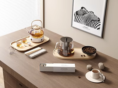 Elegant Modern Tea Set On Wooden Table With Glass Teapot Teacups And Trays 3d model