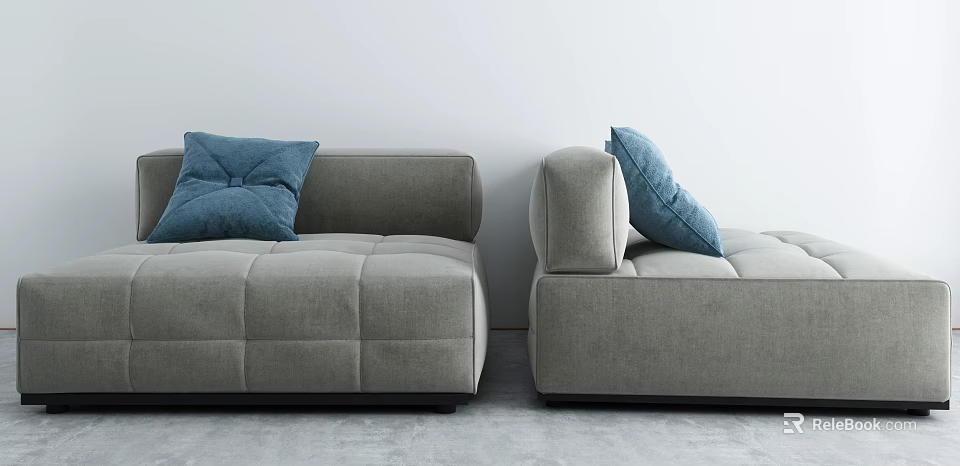 Modern Gray Single Sofa With Blue Cushions In Minimalist White Wall Interior 3d model 