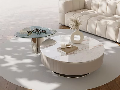 Modern Marble and Glass Coffee Tables With Decorative Vase Candle on Beige Sofa Rug 3d model