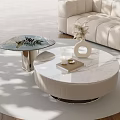 Modern Marble and Glass Coffee Tables With Decorative Vase Candle on Beige Sofa Rug
