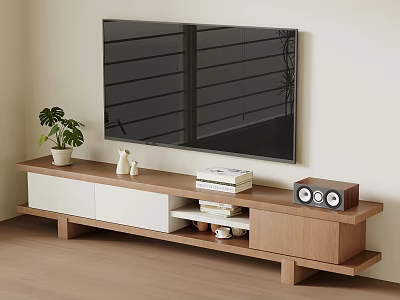 Modern Wooden TV Stand with Books Plant Speakers Vase White Cabinets and Storage 3d model