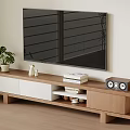 Modern Wooden TV Stand with Books Plant Speakers Vase White Cabinets and Storage