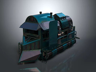 Vintage Blue Green Metal Steam Train Locomotive With Chimney Ladder And Front Scoop Design 3d model