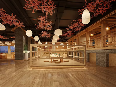 Elegant Clubhouse Interior With Pink Cherry Blossom Decor White Hanging Lanterns Wooden Structure And Tables 3d model