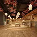 Elegant Clubhouse Interior With Pink Cherry Blossom Decor White Hanging Lanterns Wooden Structure And Tables