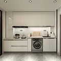 Modern Apartment Kitchen With White Cabinets Washing Machine And Countertop Appliances