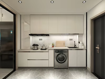 Modern Apartment Kitchen With White Cabinets Washing Machine And Countertop Appliances 3d model