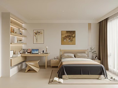 Modern Bedroom Interior With Bed Desk Bookshelf Decorative Paintings Soft Curtains And Rug 3d model