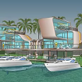 Modern Waterfront Detached Villa With Glass Facade And Palm Trees Surroundings