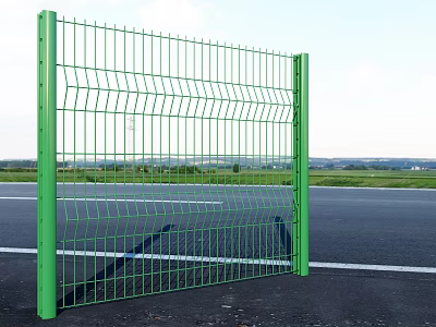 Green Metal Wire Mesh Fence With Grid Design Along Roadside In Open Outdoor Area 3d model