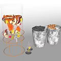 Household Living Items Transparent Container On Metal Stand With Metal Buckets Wooden Blocks Black Fillers