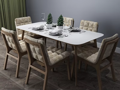 White Rectangular Dining Table Set With Beige Upholstered Wooden Chairs And Christmas Tree Decorations 3d model