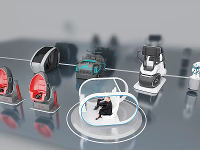 Futuristic Tech Seats Display With Transparent Circular Cabin And Person Sitting 3d model