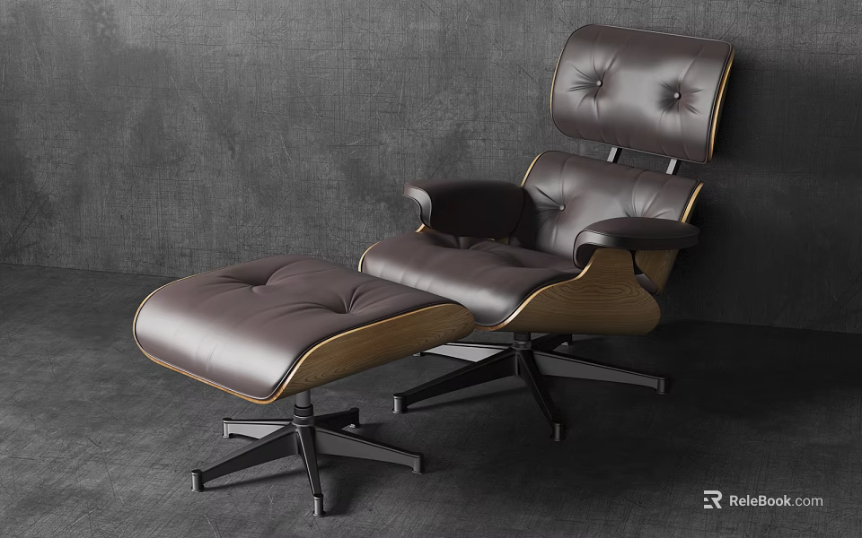 Dark Brown Leather Office Chair With Armrests Matching Ottoman And Wooden Metal Base 3d model 