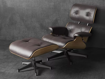 Dark Brown Leather Office Chair With Armrests Matching Ottoman And Wooden Metal Base 3d model