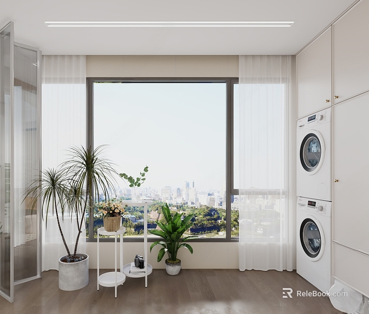Home Balcony With Large Window City View Plants Washing Machines And Wooden Floor 3d model 