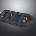 Black Inflatable Water Boat With Wooden Paddles And Small Storage Box 3d model