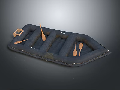 Black Inflatable Water Boat With Wooden Paddles And Small Storage Box 3d model