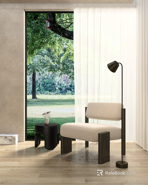 Modern Single Armchair Interior With Floor Lamp Side Table And Green Window View 3d model 