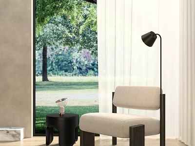 Modern Single Armchair Interior With Floor Lamp Side Table And Green Window View 3d model
