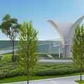 Modern Children's Play Area With Umbrella Shaped Structure Circular Walkways Green Lawns And Trees