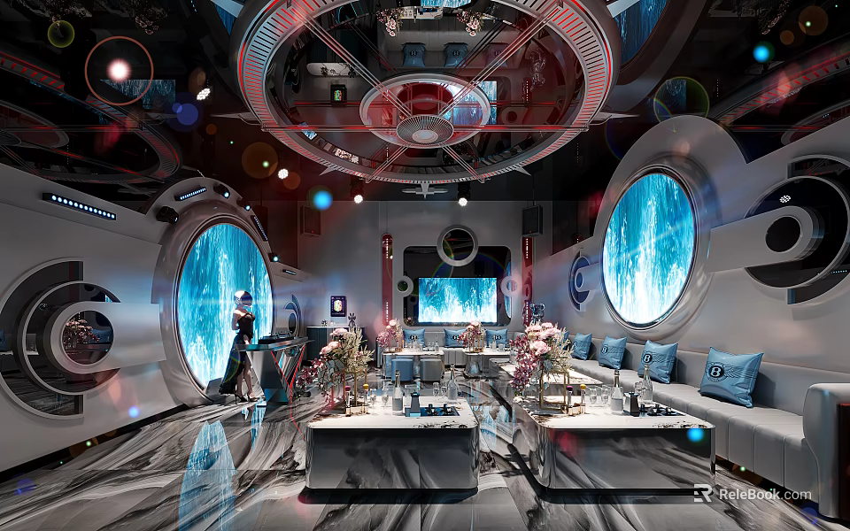 Sleek Futuristic KTV Interior With Blue Circular Screens Plush Sofas And Ambient Lighting 3d model 