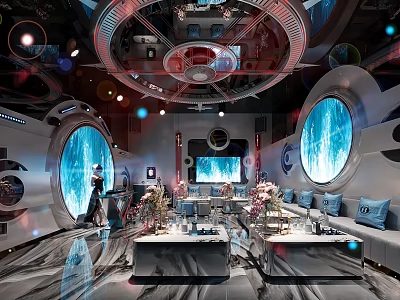 Sleek Futuristic KTV Interior With Blue Circular Screens Plush Sofas And Ambient Lighting 3d model