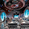 Sleek Futuristic KTV Interior With Blue Circular Screens Plush Sofas And Ambient Lighting