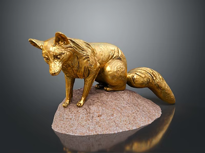 Golden Fox Sculpture Sitting On Pink Stone Base With Detailed Craftsmanship 3d model