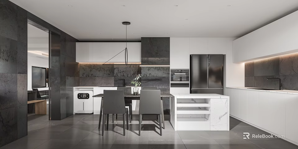 Modern Open Dining Kitchen Space With Marble Countertop And Pendant Light 3d model