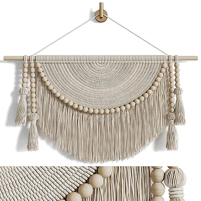 Handmade Macramé Wall Hanging With Beige Tassels Wooden Beads And Semicircular Design 3d model