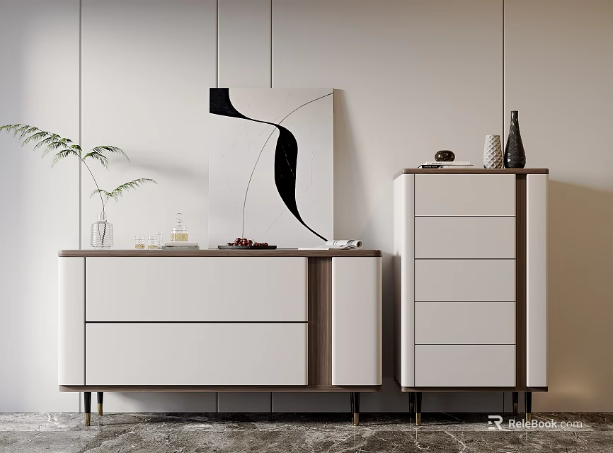 Modern Console Cabinet And Side Cabinet Design With White Wood Drawers And Decorative Artwork 3d model 