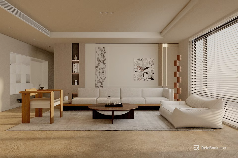 Elegant Modern Luxury Living Room Interior With Beige Sofa Wooden Coffee Table And Decorative Painting 3d model 