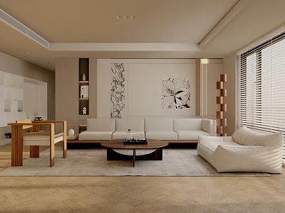 Elegant Modern Luxury Living Room Interior With Beige Sofa Wooden Coffee Table And Decorative Painting 3d model