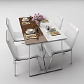 Modern Dining Table Set With Brown Tabletop White Chairs Pink Flowers Tableware And Wine Glasses