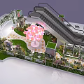 Decorative Garden Display Model With Green Plants Pink Flower Tree And White Railings 3d model