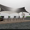 White Canopy Tent At Night With String Lights Tables Chairs Floor LED Strips Starry Sky