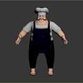 Cartoon Chef Character Featuring White Shirt Blue Apron Chef Hat Mustache Chubby Build And Barefoot