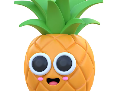 Cute Cartoon Pineapple With Big Eyes And Smiling Face Green Leaves 3d model