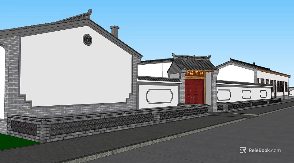 Chinese Traditional Entrance Gate With Red Door White Walls Gray Tiles And Decorative Plaque 3d model 