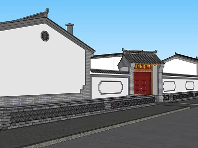 Chinese Traditional Entrance Gate With Red Door White Walls Gray Tiles And Decorative Plaque 3d model