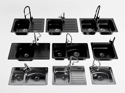 Black Kitchen Sinks With Single And Double Bowl Designs Featuring Faucets And Drain Boards 3d model