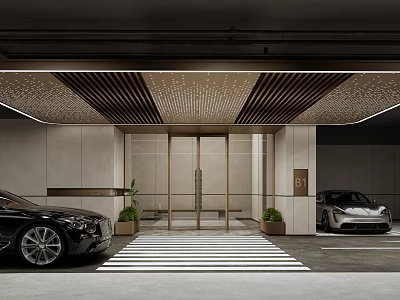 Modern Parking Garage Entrance With Black Silver Cars Glass Doors Wooden Ceiling And Striped Floor 3d model