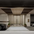 Modern Parking Garage Entrance With Black Silver Cars Glass Doors Wooden Ceiling And Striped Floor