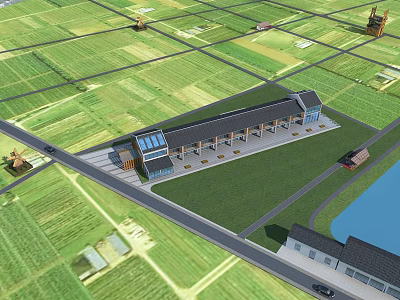 Garden Landscape Design With Green Fields Central Building Pathways And Water Body 3d model
