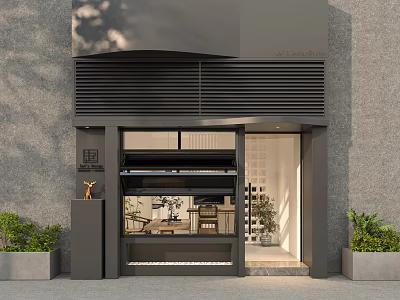 Public Office Space Exterior With Gray Walls Black Louvered Design Glass Door And Green Plants 3d model