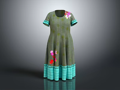 Elegant Gray Dress with Turquoise Cuffs Hem and Floral Patterns 3d model