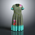 Elegant Gray Dress with Turquoise Cuffs Hem and Floral Patterns