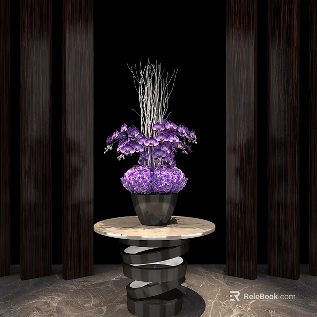 Purple Flowers Arrangement In Black Vase On Round Marble Table With Dark Wooden Screens 3d model 